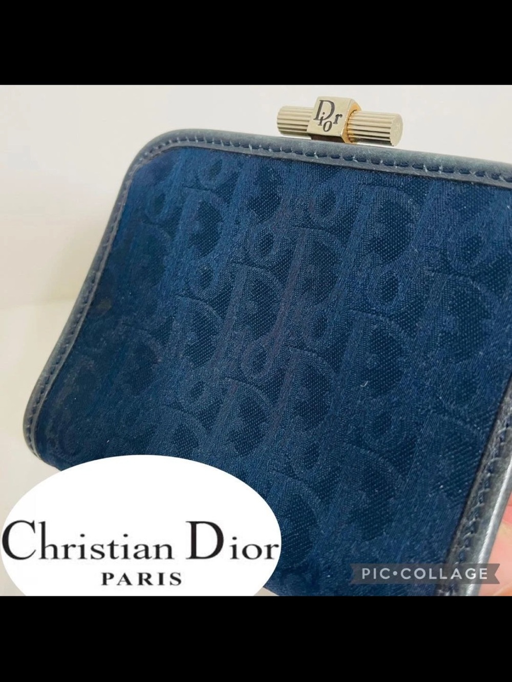 Dior Blue Monogram Frame Wallet with Gold-Tone Clasp